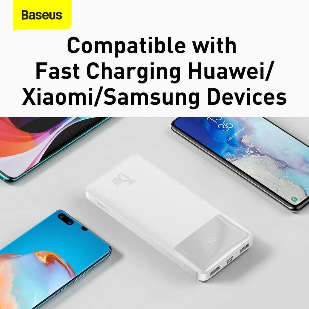 LiPo išorinis akumuliatorius (Powerbank) 10000mAh 15W 5V 3A 2xUSB + USB C Bipow baltas BASEUS