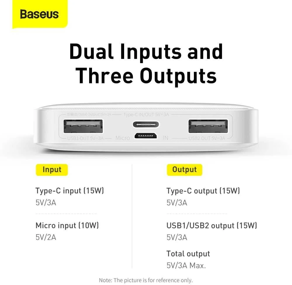 LiPo išorinis akumuliatorius (Powerbank) 10000mAh 15W 5V 3A 2xUSB + USB C Bipow baltas BASEUS