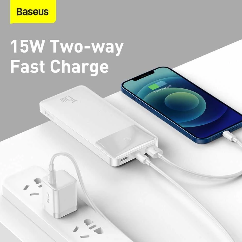 LiPo išorinis akumuliatorius (Powerbank) 10000mAh 15W 5V 3A 2xUSB + USB C Bipow baltas BASEUS