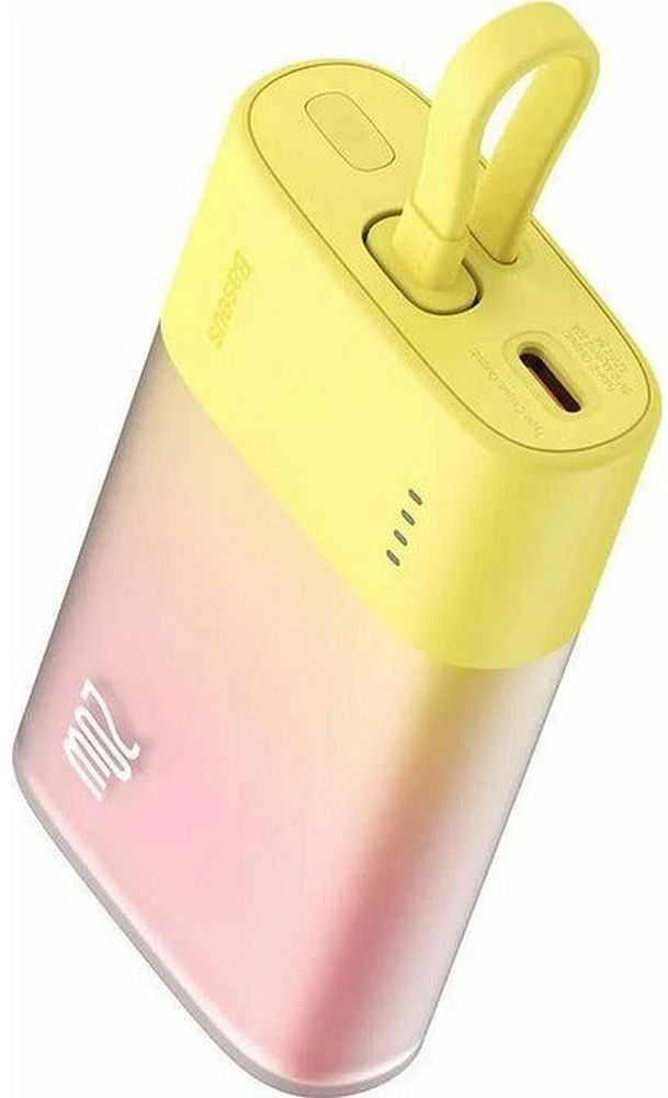 Baseus Popsicle 5200mAh 20W Powerbank with Built-in Lightning kabelis (+ Baltas Baseus Simple USB-C - USB-C 60W/20V/3A/30cm kabelis) - geltona-rožinė