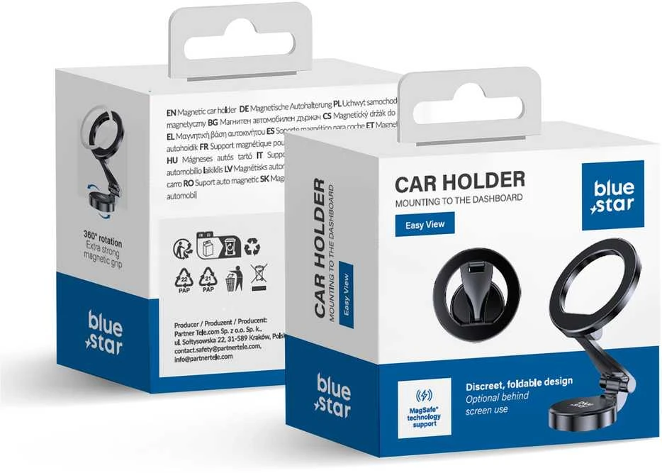 BlueStar „Blue Star“ automobilio laikiklis prietaisų skydeliui. Mėlynas STAR Easy Wiev, suderinamas su „MagSafe“ juodas.