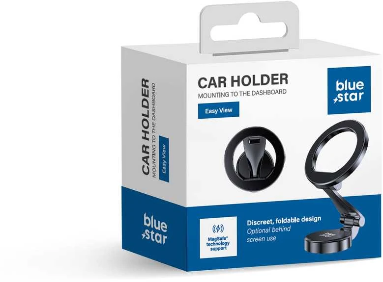 BlueStar „Blue Star“ automobilio laikiklis prietaisų skydeliui. Mėlynas STAR Easy Wiev, suderinamas su „MagSafe“ juodas.