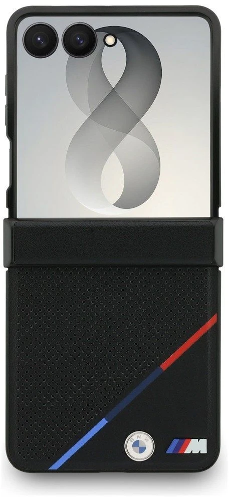 BMW M PU Perforated Tricolor Stripe Magnetic dėklas Samsung Galaxy Z Flip 8 juodos spalvos