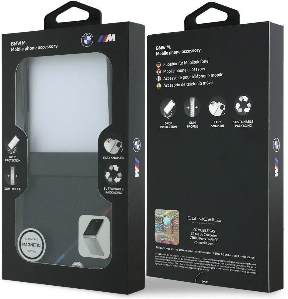 BMW M PU Perforated Tricolor Stripe Magnetic dėklas Samsung Galaxy Z Flip 8 juodos spalvos