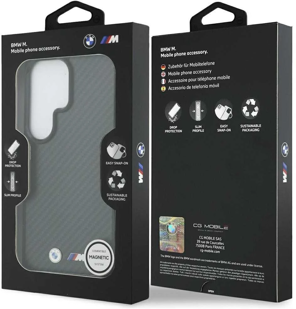 Dėklas BMW M Kevlar Logo MagSafe Samsung Galaxy S26 Ultra juodos spalvos