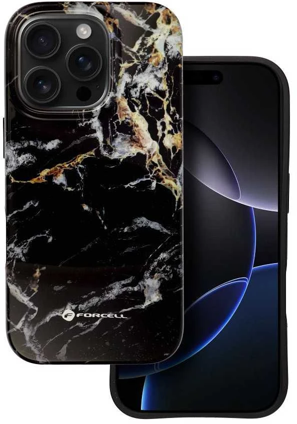 „iPhone 15 PRO MAX“ dėklas „Forcell F-Protect Mirage“, suderinamas su „Magsafe Military Drop-Test“ juodo marmuro danga.