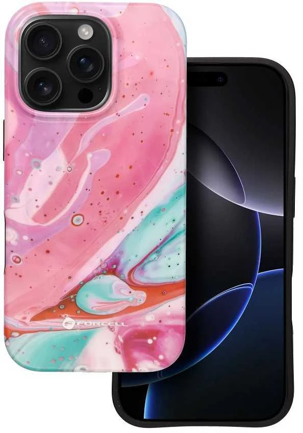 „iPhone 15 PRO MAX“ dėklas „Forcell F-Protect Mirage“, suderinamas su „Magsafe Military Drop-Test“, rožinis marmuras