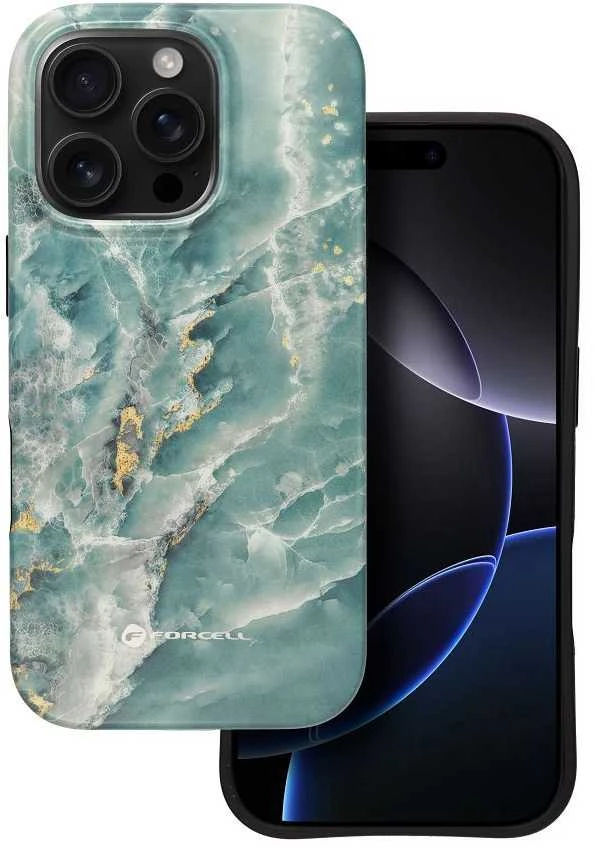 „iPhone 15 PRO MAX“ dėklas „Forcell F-Protect Mirage“, suderinamas su „Magsafe Military Drop-Test“, žalias marmuras