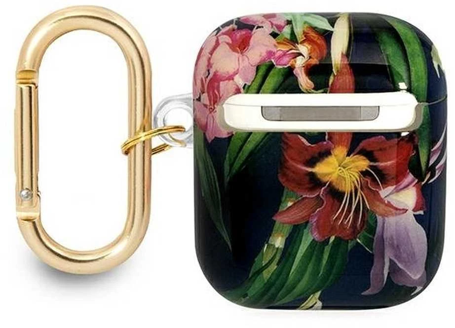 Guess gėlėtas AirPods dėklas su auksiniu karabinu