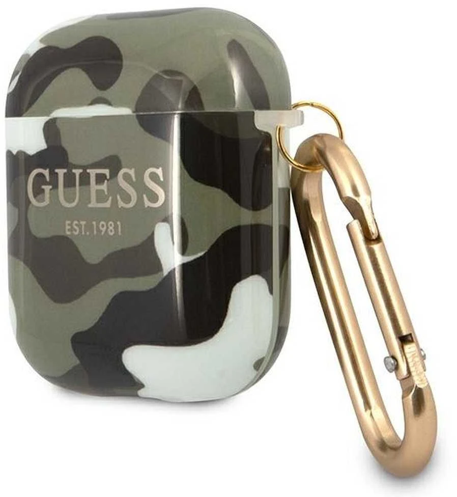 Guess AirPods dėklas su karabinu – chaki maskuojamas raštas