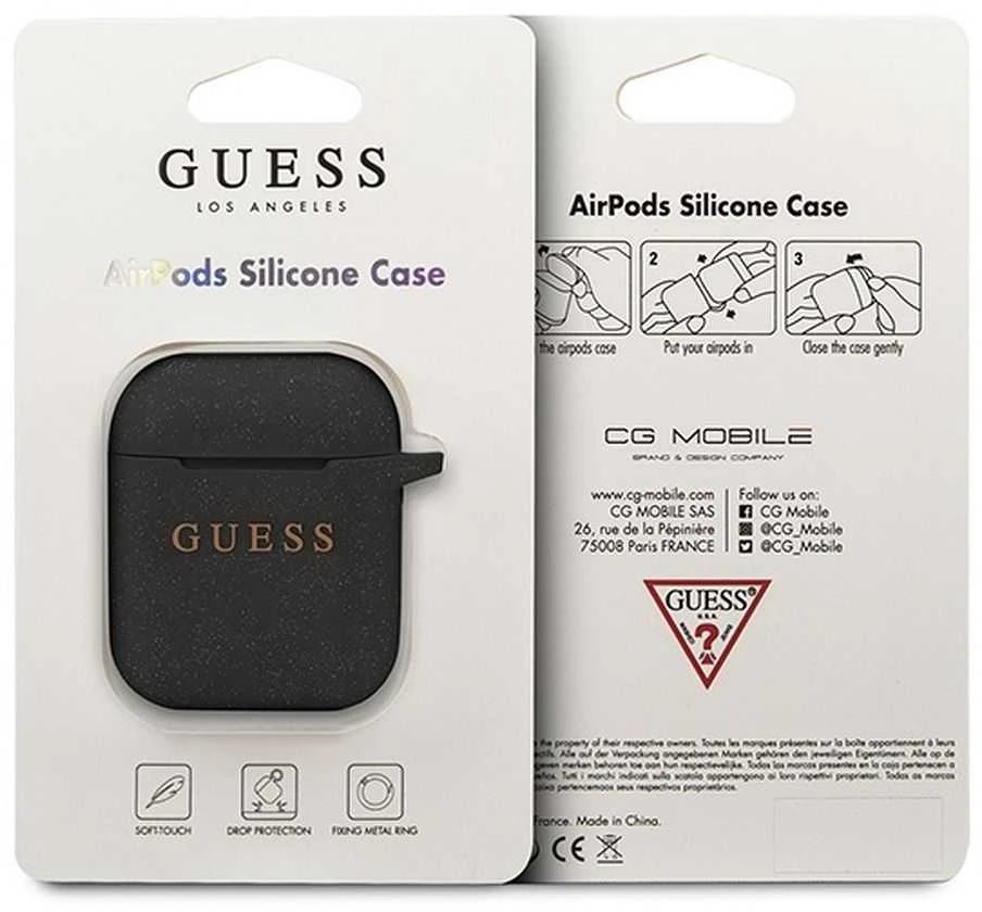 Guess GUACCSILGLBK AirPods dėklas juodos spalvos silikoninis Glitter