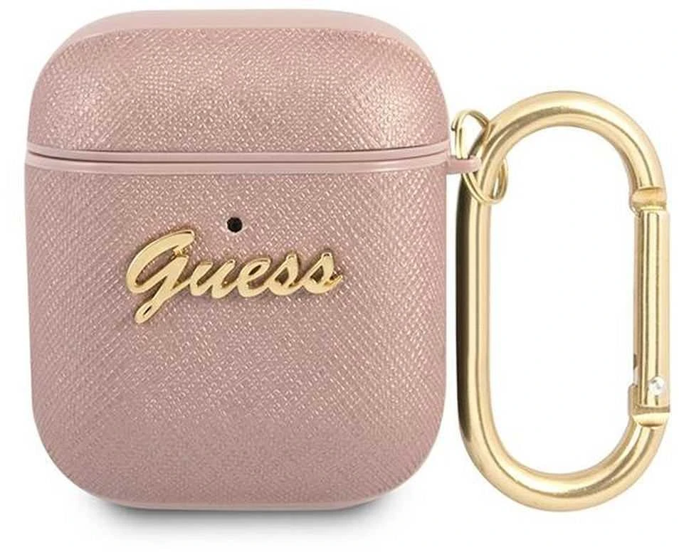 Dėklas GUESS GUA2SASMP AIRPODS 1/2 COVER Rožinis/Rožinis SAFFIANO SCRIPT METAL COLLECTION