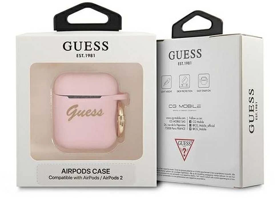 Guess GUA2SSSI AirPods dėklas rožinės spalvos Silicone Vintage Script