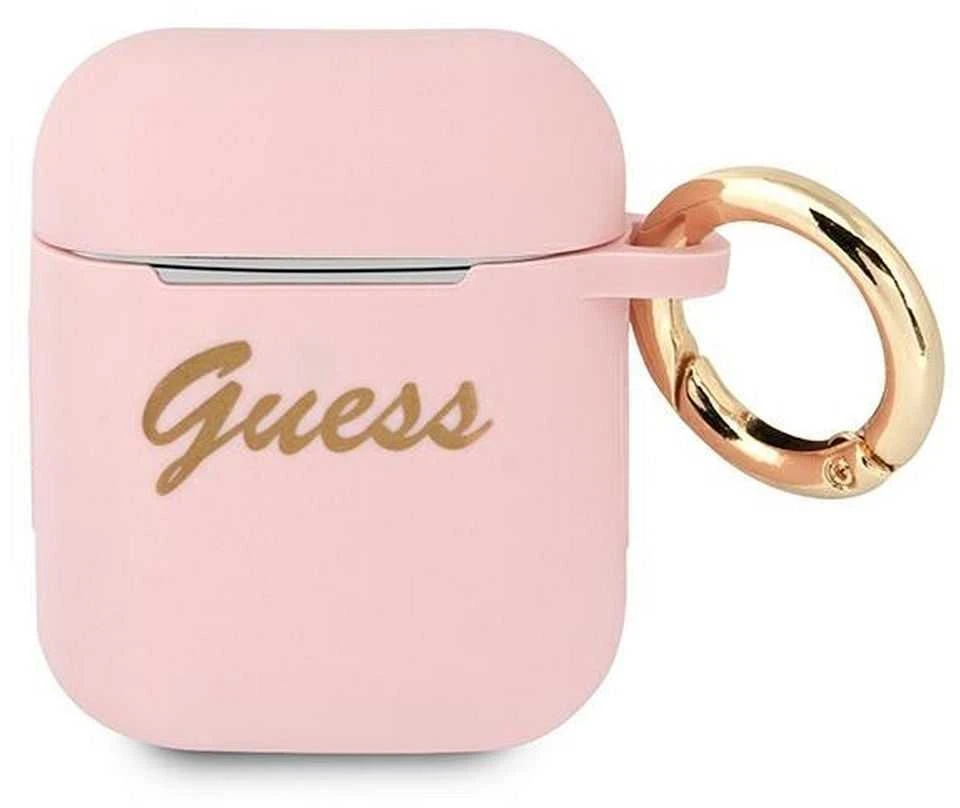 Guess GUA2SSSI AirPods dėklas rožinės spalvos Silicone Vintage Script