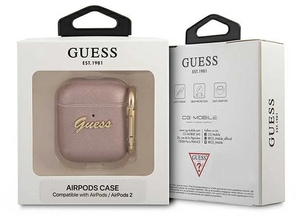 Dėklas GUESS GUA2SASMP AIRPODS 1/2 COVER Rožinis/Rožinis SAFFIANO SCRIPT METAL COLLECTION