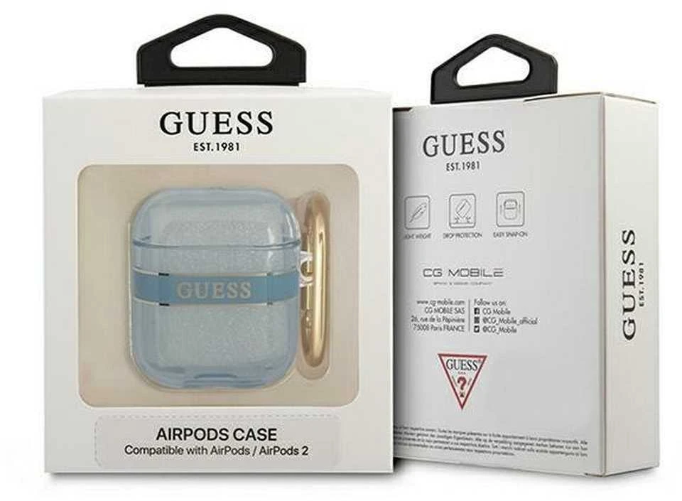 Mėlynas Guess AirPods dėklas pakuotėje