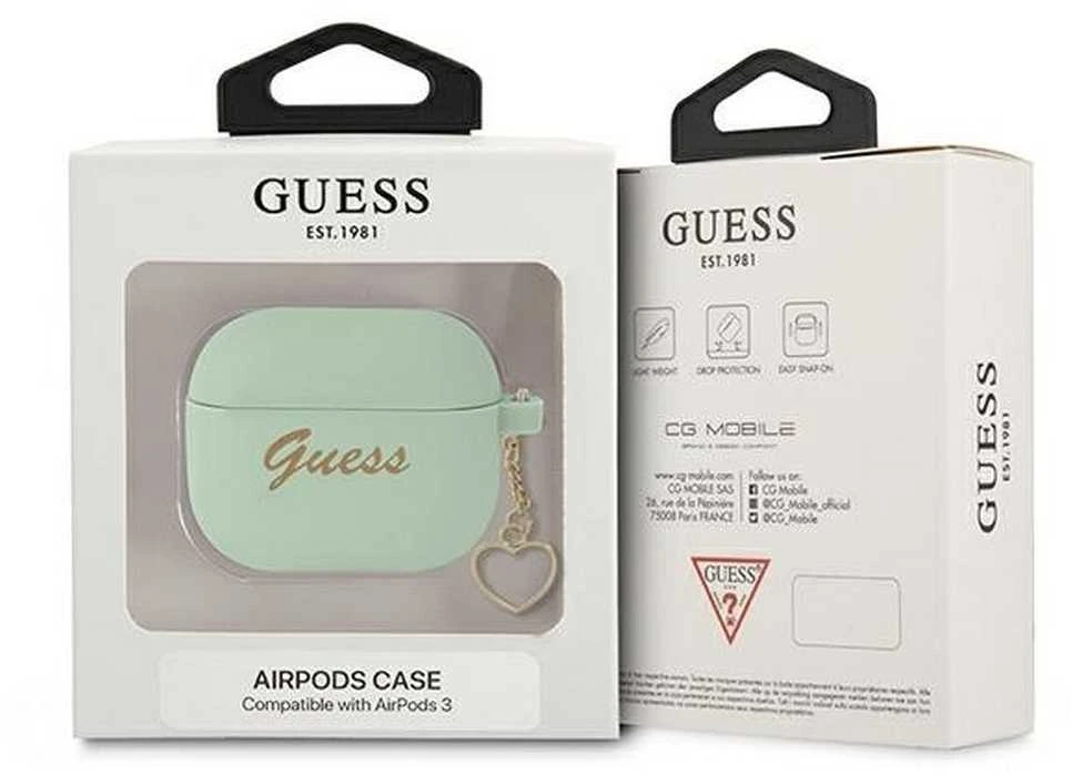 Guess GUA3LSCHSN AirPods 3 dėklas žalios spalvos Silicone Charm Heart Collection