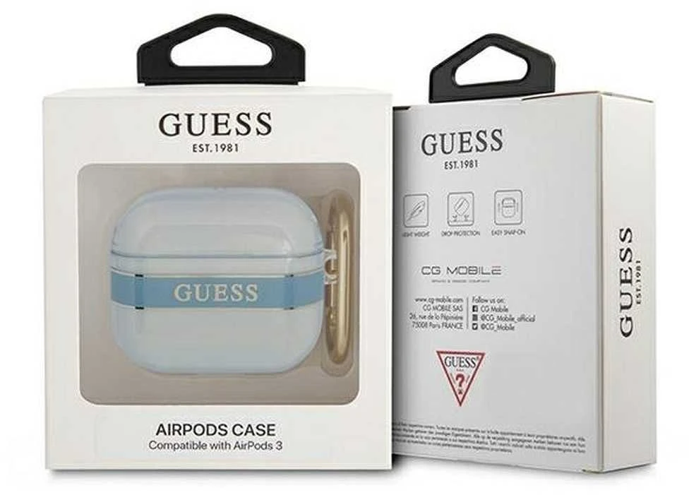 Mėlynas Guess AirPods 3 dėklas pakuotėje