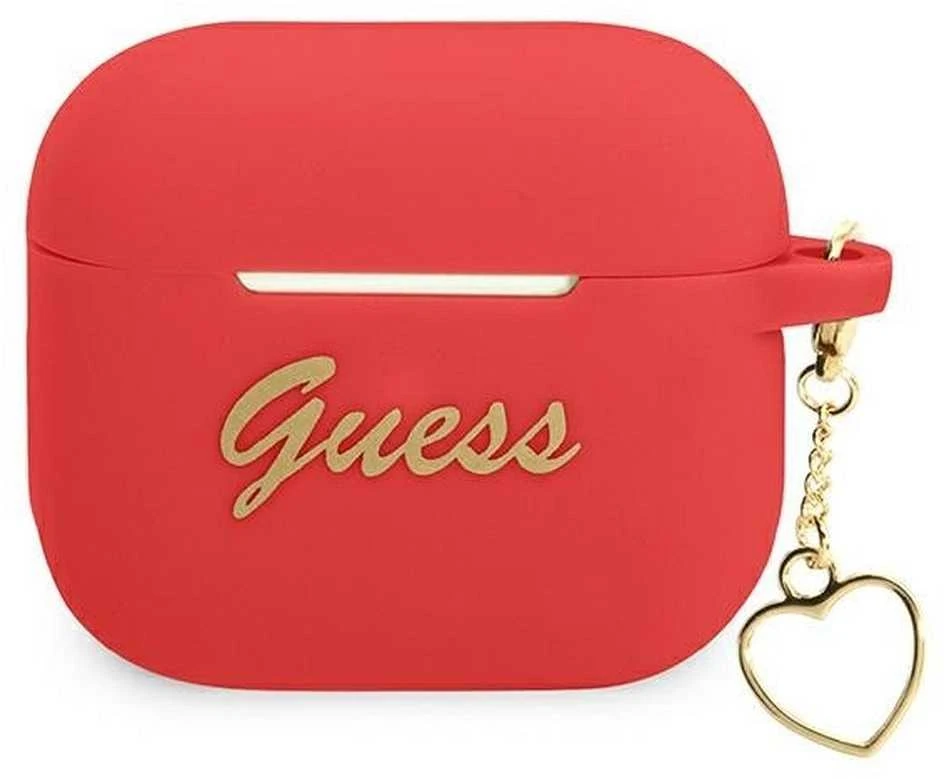 „Guess GUA3LSCHSR AirPods 3“ ausinės, raudonos, silikoninės, su širdies formos pakabukais