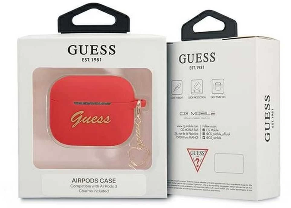 „Guess GUA3LSCHSR AirPods 3“ ausinės, raudonos, silikoninės, su širdies formos pakabukais
