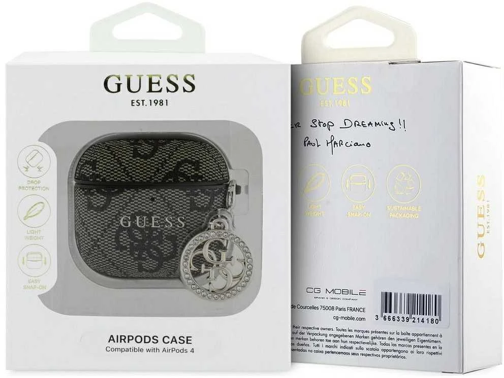 Guess 4G Script PC/PU Charm dėklas skirtas AirPods 4 rudos spalvos