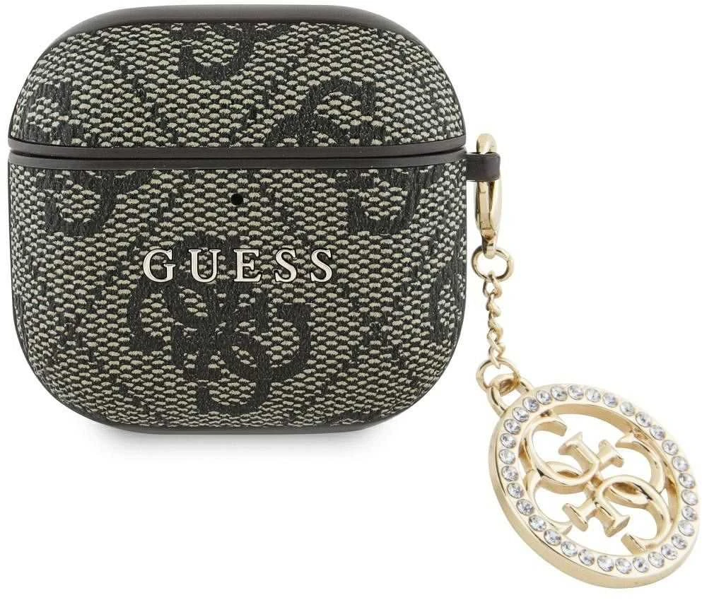 Guess 4G Script PC/PU Charm dėklas skirtas AirPods 4 rudos spalvos