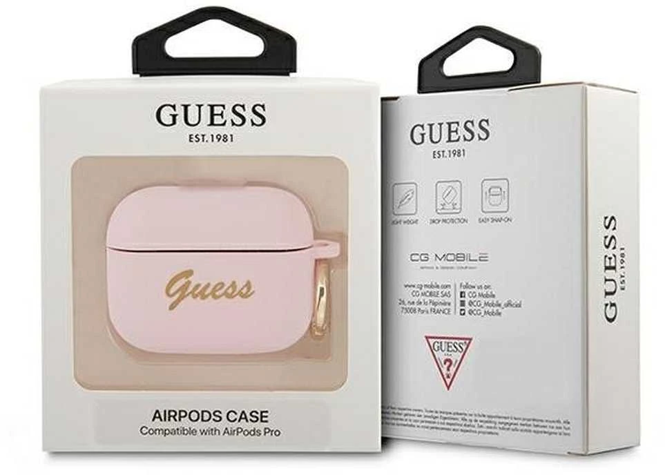 Guess GUAPSSSI AirPods Pro dėklas rožinės spalvos silikoninis Vintage Script