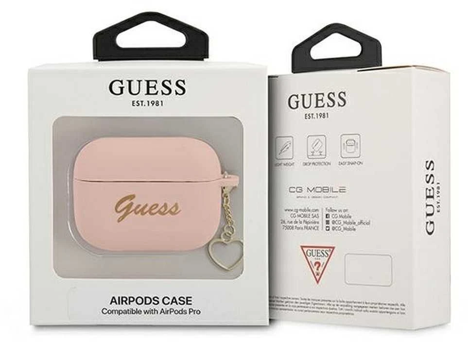 Guess rožinis AirPods Pro dėklas su širdelės pakabuku