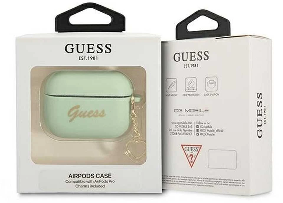 Guess GUAPLSCHSN AirPods Pro dėklas žalios spalvos Silicone Charm Heart Collection