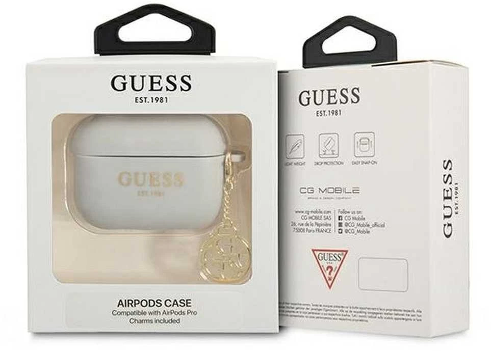 Pilkas GUESS AirPods Pro dėklas su auksiniu pakabuku