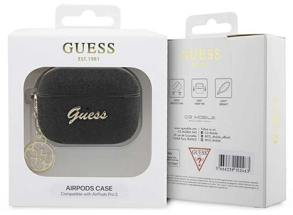 Guess GUAP2GLGSHK AirPods Pro 2 (2022/2023) dėklas juodos spalvos Glitter Flake 4G Charm