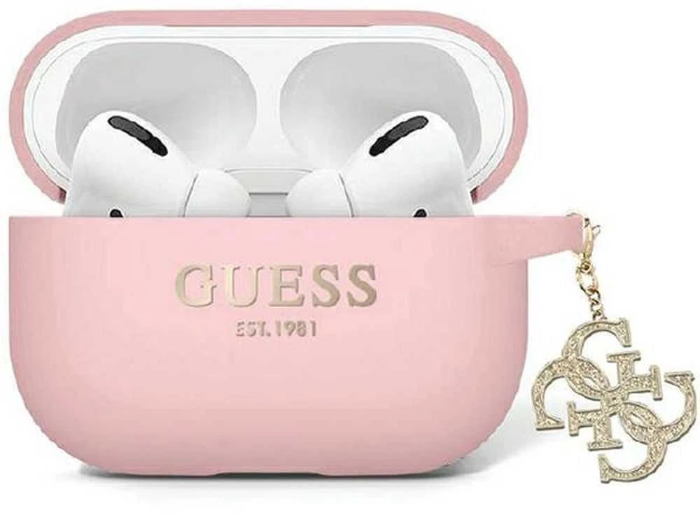 Guess GUAP2LECG4P AirPods Pro 2 (2022/2023) dėklas rožinės spalvos Liquid Silicone Glitter Triangle Charm