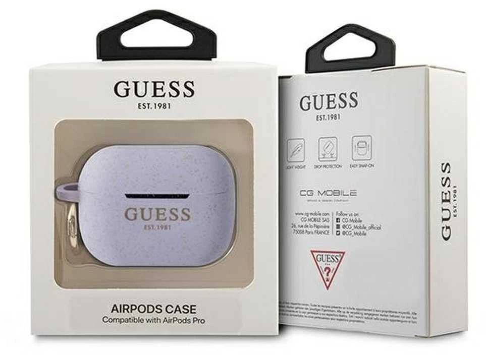 Guess GUAPSGGEU AirPods Pro dėklas violetinės spalvos Silicone Glitter