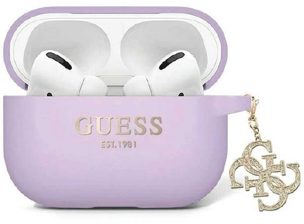 Guess skysto silikono blizgučių trikampio formos pakabukas - AirPods Pro 2 dėklas (violetinis)