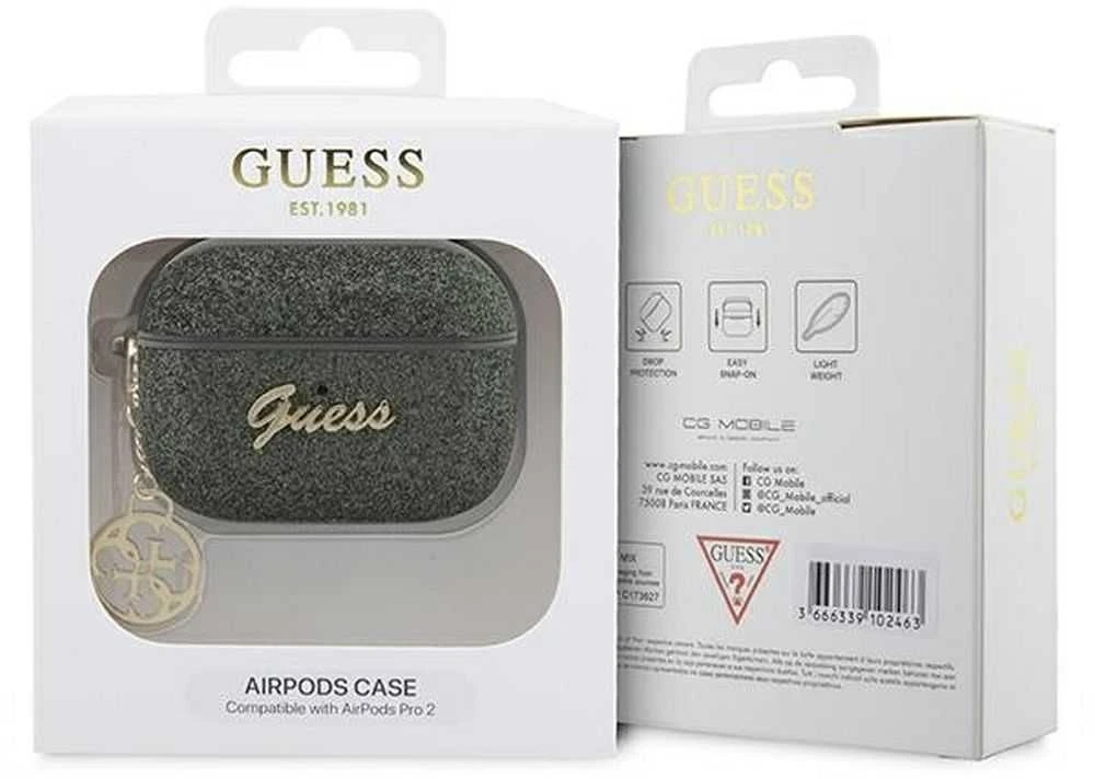 Guess GUAP2GLGSHA AirPods Pro 2 (2022/2023) dėklas chaki spalvos su blizgučiais ir dėmėmis 4G Charm