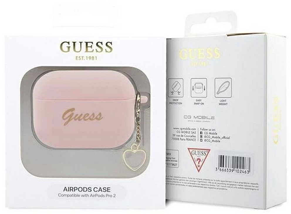 Guess GUAP2LSCHSP AirPods Pro 2 (2022/2023) dėklas rožinės spalvos silikoninis Charm Heart Collection