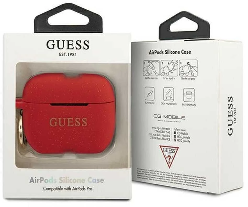 „Guess“ silikoninis blizgučių dėklas, skirtas „AirPods Pro“ ausinėms – Raudona