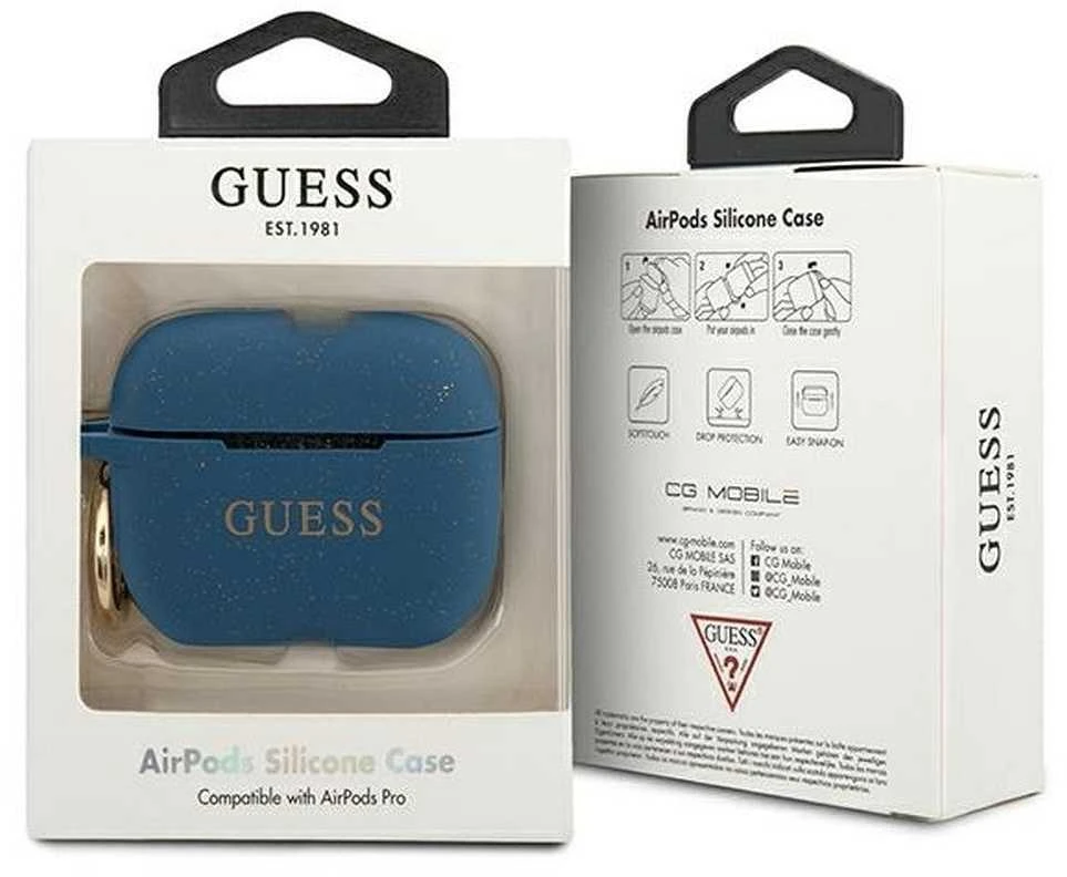 Guess GUACAPSILGLBL AirPods Pro dėklas mėlynos spalvos silikoninis Glitter