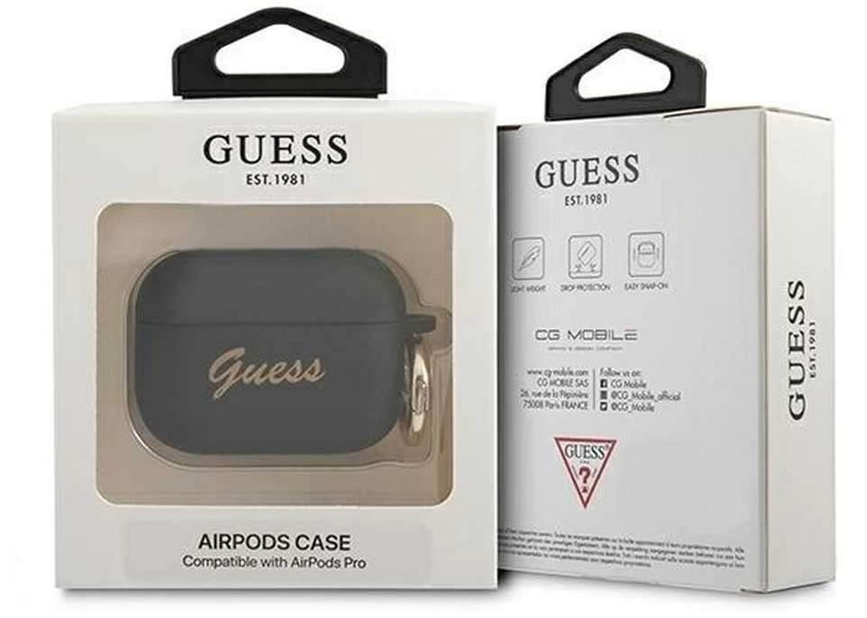 Guess dėklas, skirtas AirPods Pro GUAPSSSK juodos spalvos Silikoninis Vintage Script