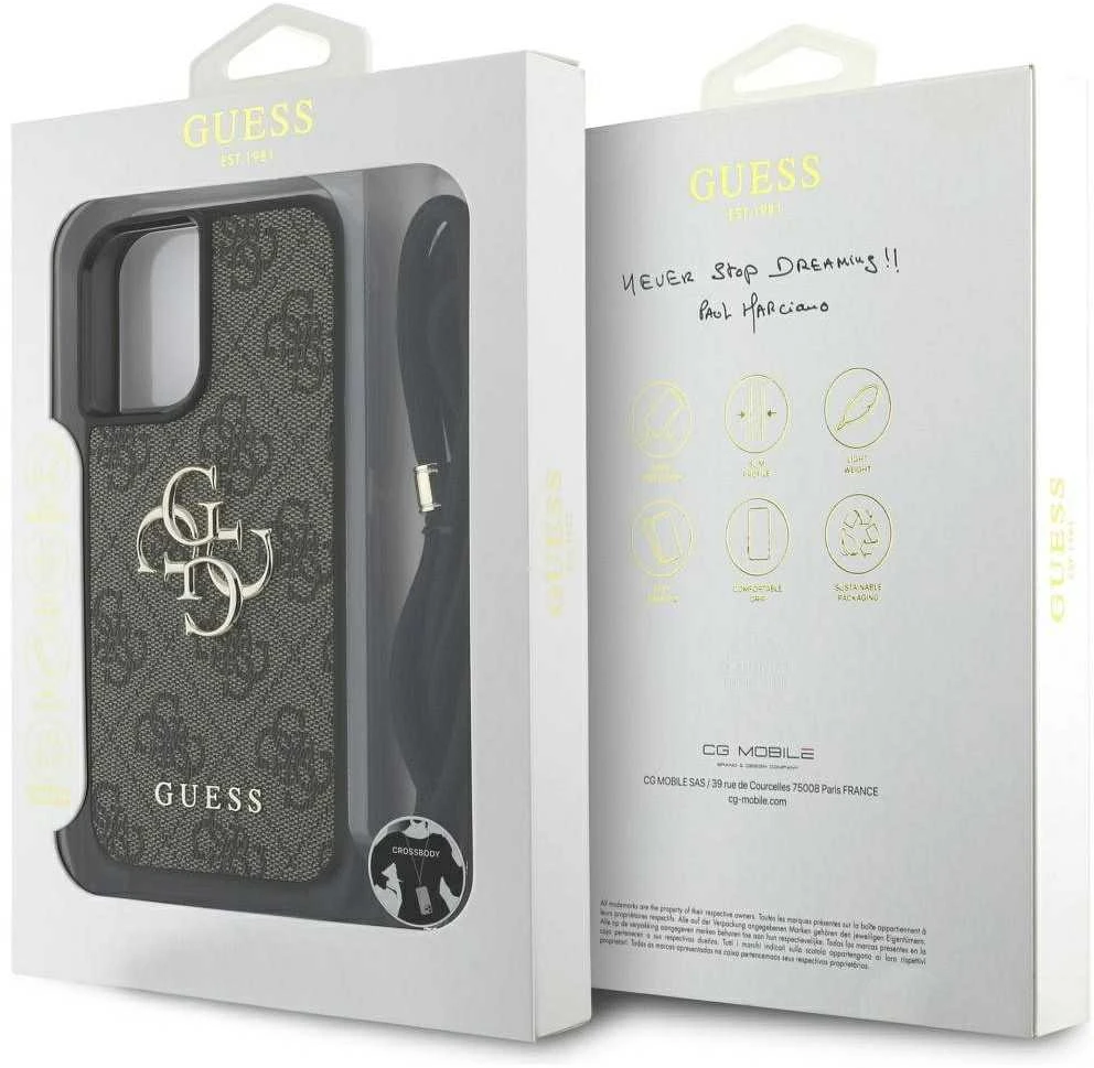 Dėklas Guess 4G Big Logo Cord Stap Crossbody Apple iPhone 16 Plus rudos spalvos