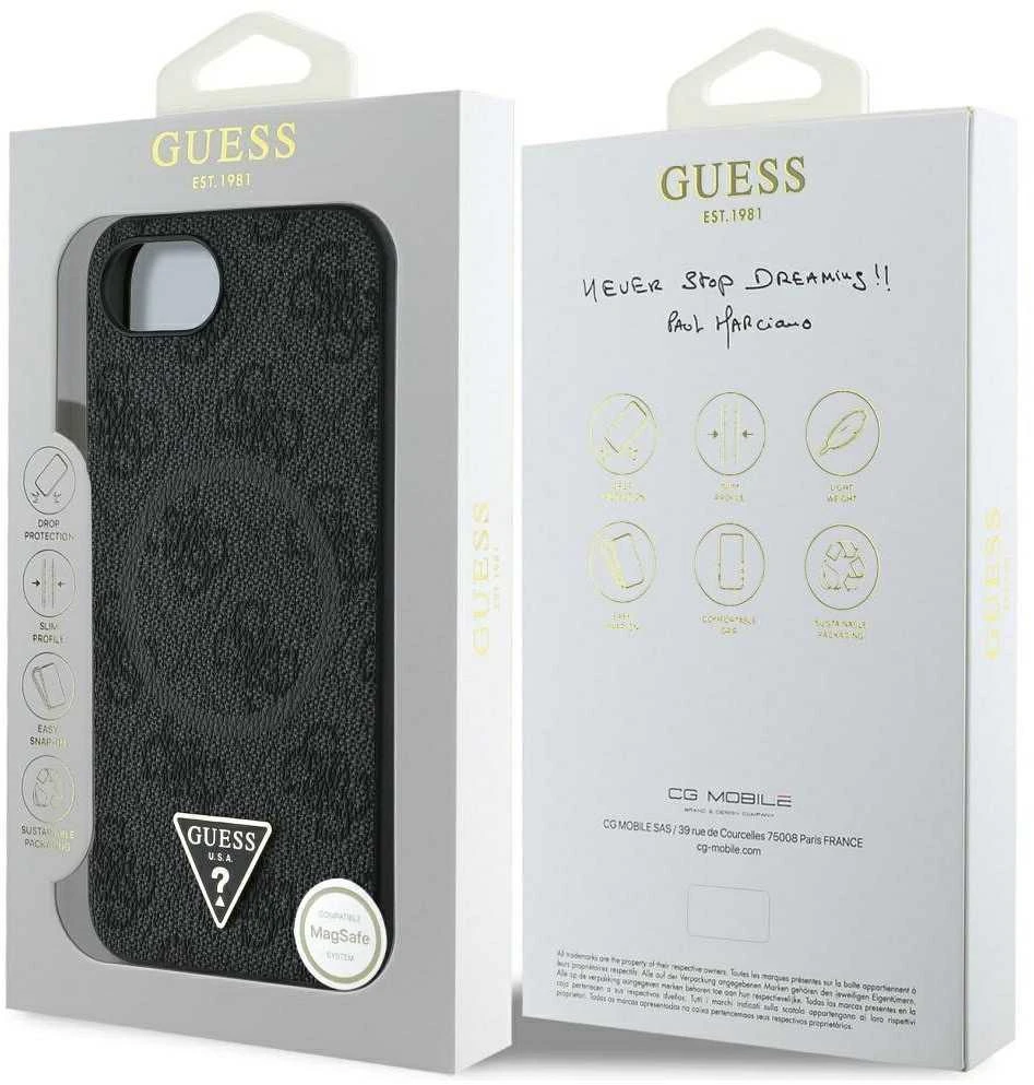 GUESS dėklas skirtas Apple iPhone 16e (SE 4 2025) compatible with MagSafe GUHMPSE4P4TDPK (PU 4G Triangle Logo) juodos spalvos
