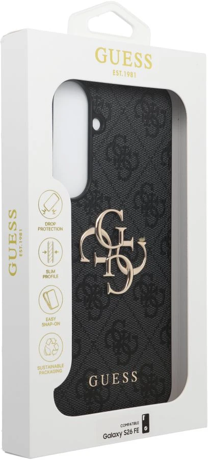Guess PU 4G Metal Logo dėklas Samsung Galaxy S26 FE telefonui, juodas