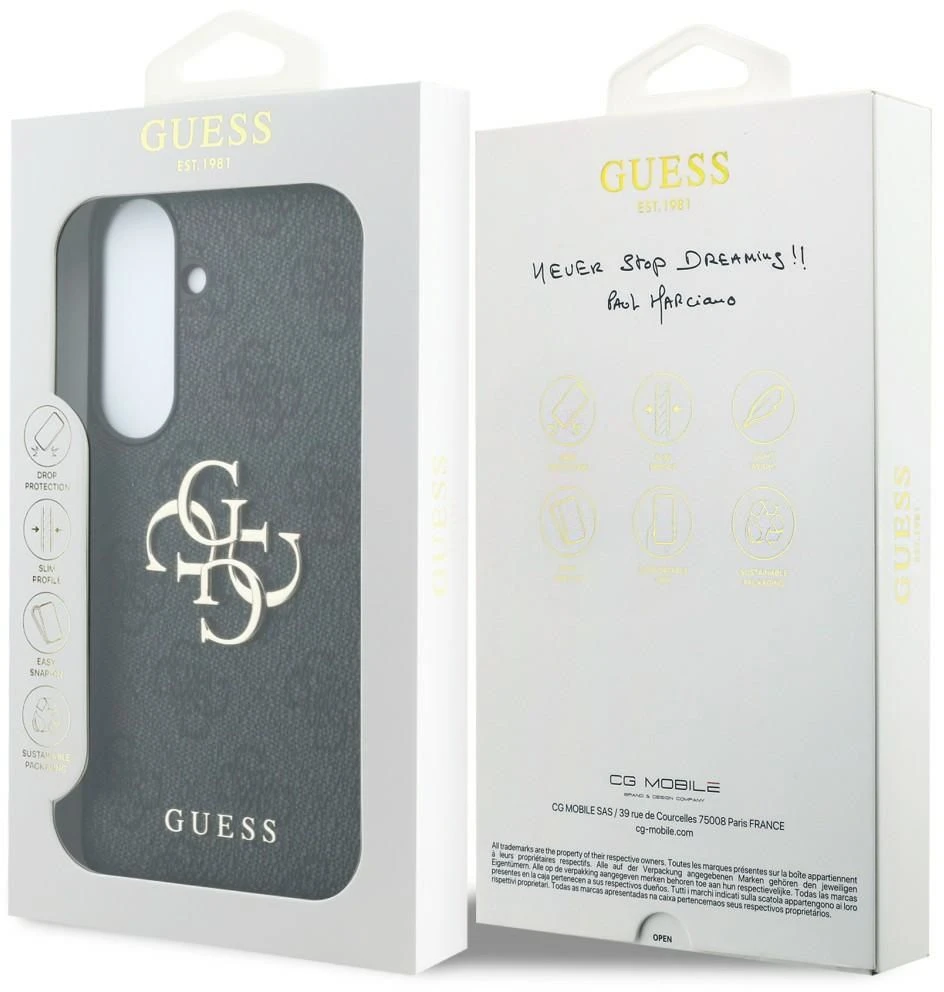Guess PU 4G Metal Logo dėklas Samsung Galaxy S26 FE telefonui, juodas