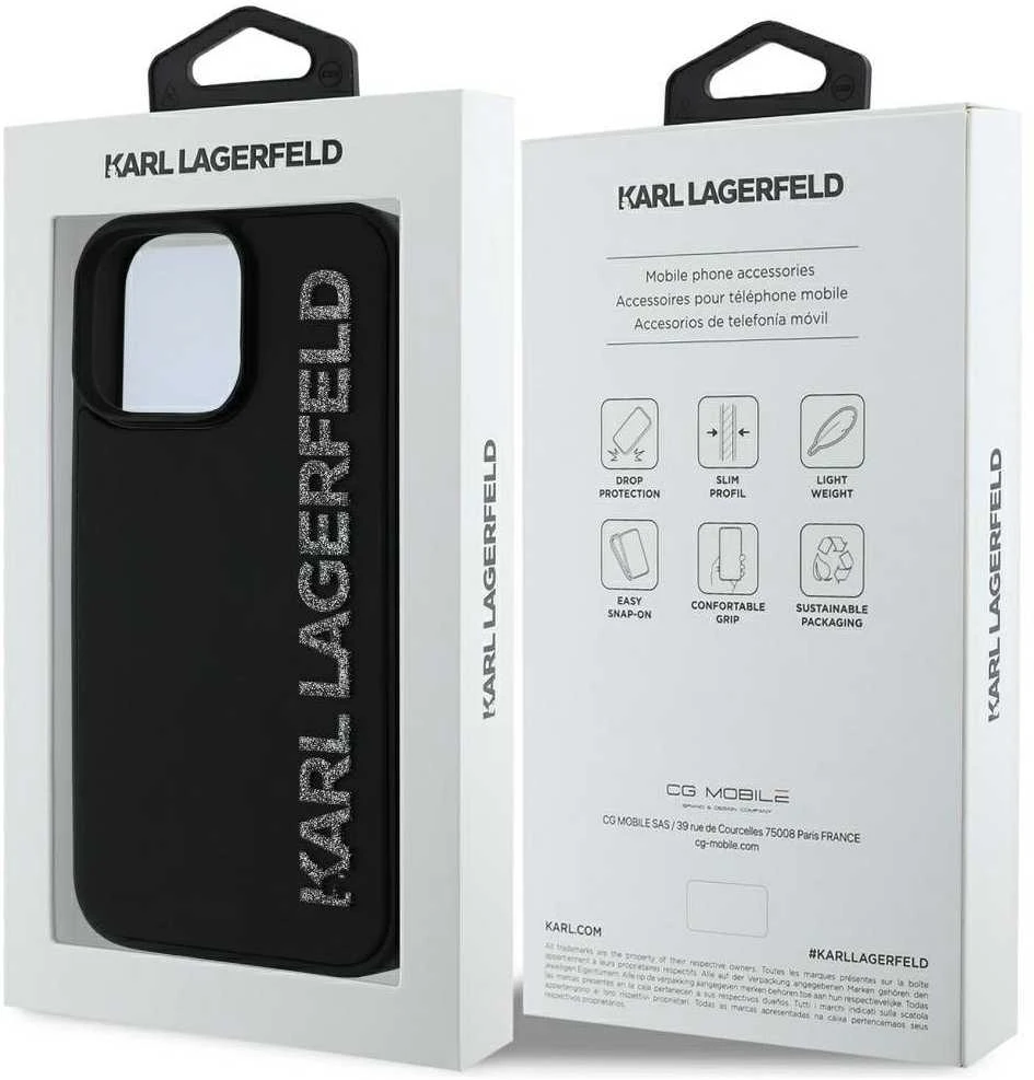 Dėklas Karl Lagerfeld HC 3D Rubber Elongated Glitter Apple iPhone 16 juodos spalvos