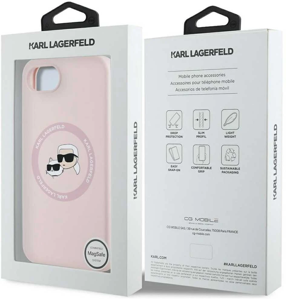 Karl Lagerfeld dėklas skirtas Apple iPhone 16e (SE 4 2025) suderinamas su MagSafe KLHMPSE4SKCHTCP (Silicone Double Heads) rožinės spalvos