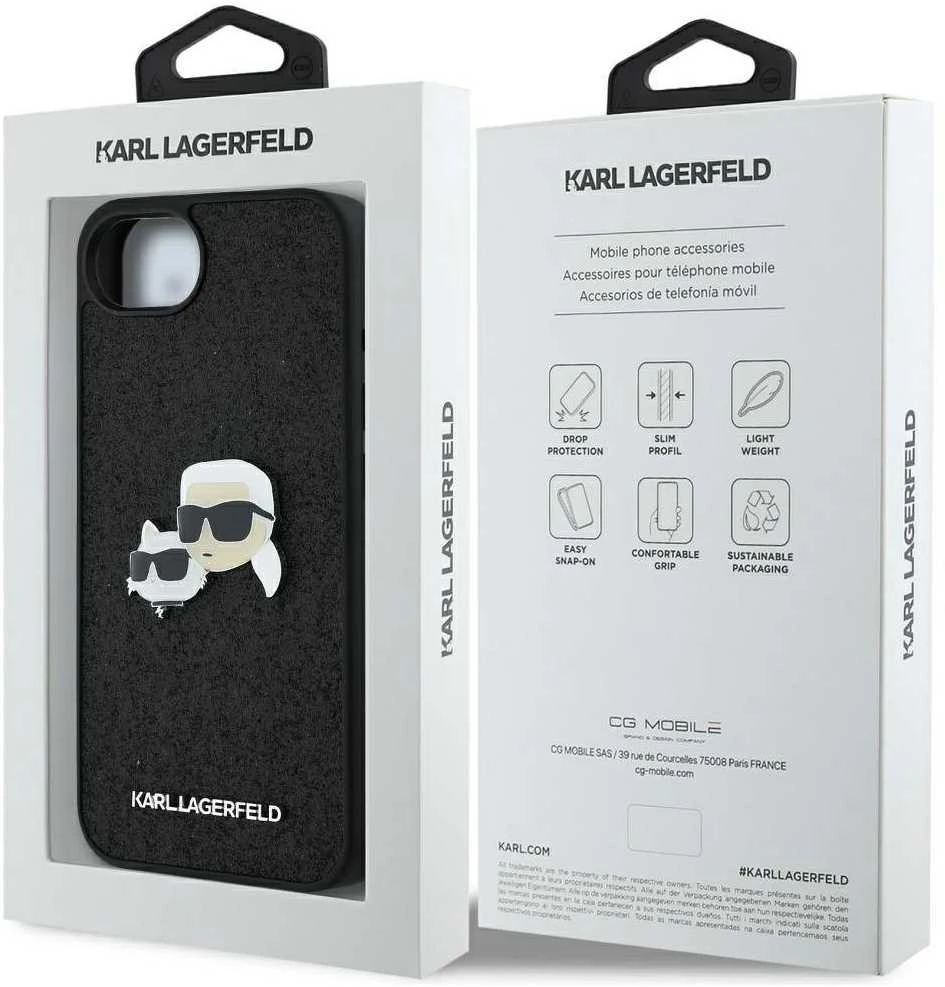Karl Lagerfeld iPhone 16e dėklas su fiksuotais blizgučiais ir metaliniais smeigtukais – Juodas