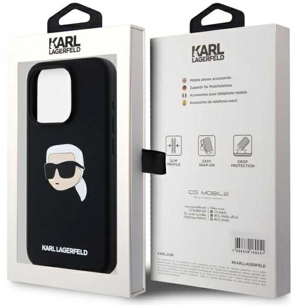 Karl Lagerfeld KLHMP15LSKHPPLK Apple iPhone 15 Pro 6.1″ juodos spalvos kietas dėklas Silicone Karl Head Print Magsafe