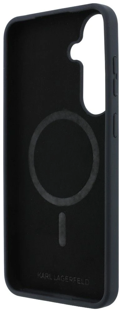 Karl Lagerfeld Liquid Silicone Double Heads magnetinis dėklas, skirtas Samsung Galaxy S26 FE, juodas