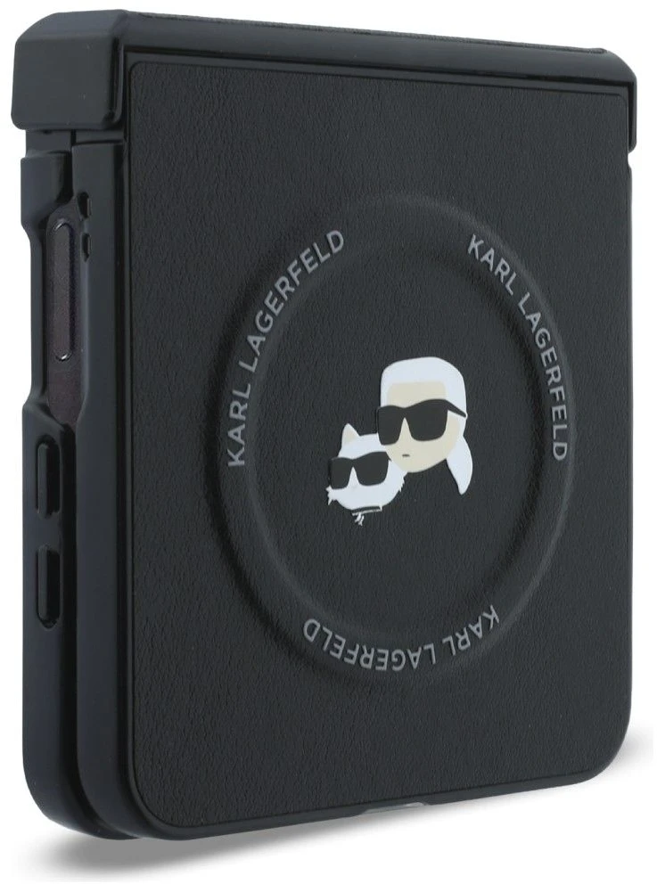 Karl Lagerfeld PU Karl and Choupette Heads magnetinis dėklas Samsung Galaxy Z Flip 8, juodos spalvos