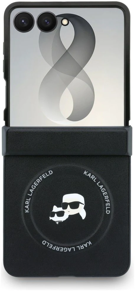 Karl Lagerfeld PU Karl and Choupette Heads magnetinis dėklas Samsung Galaxy Z Flip 8, juodos spalvos